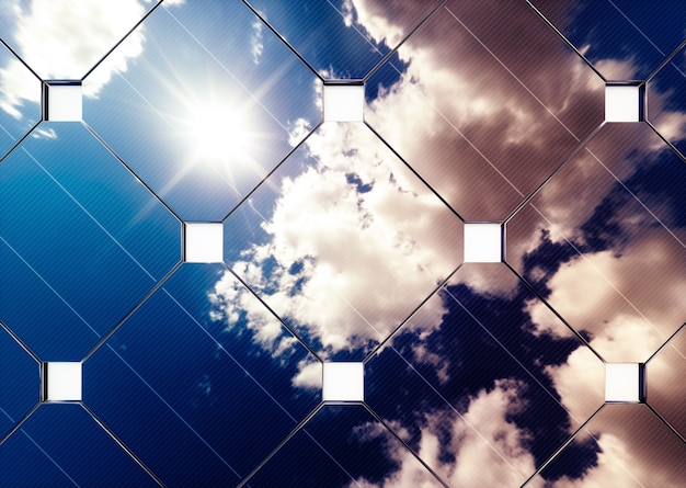 Afternoon cloudy sky reflection on solar panel. 3d rendering.
