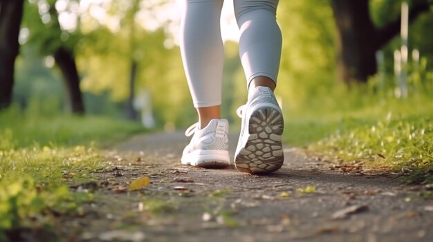 Photo afternoon jog a woman in white women workout sneakers runs on a trail