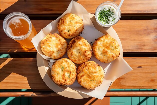 Afternoon Lunch with Pullapart Cheese Bread and Soda Drink on the Wooden Table in Outdoor Area