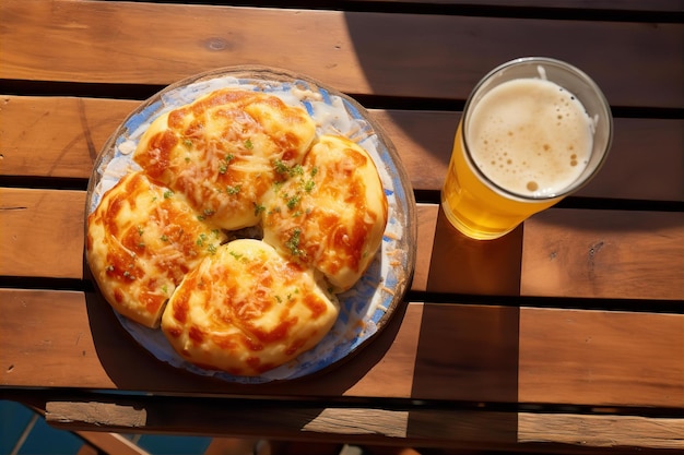 Afternoon Lunch with Pullapart Cheese Bread and Soda Drink on the Wooden Table in Outdoor Area