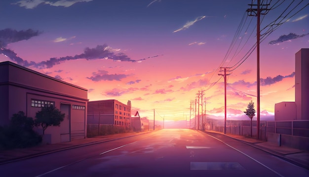 Afternoon sunset sky clouds landscape Anime Background Generative ai Empty road and city