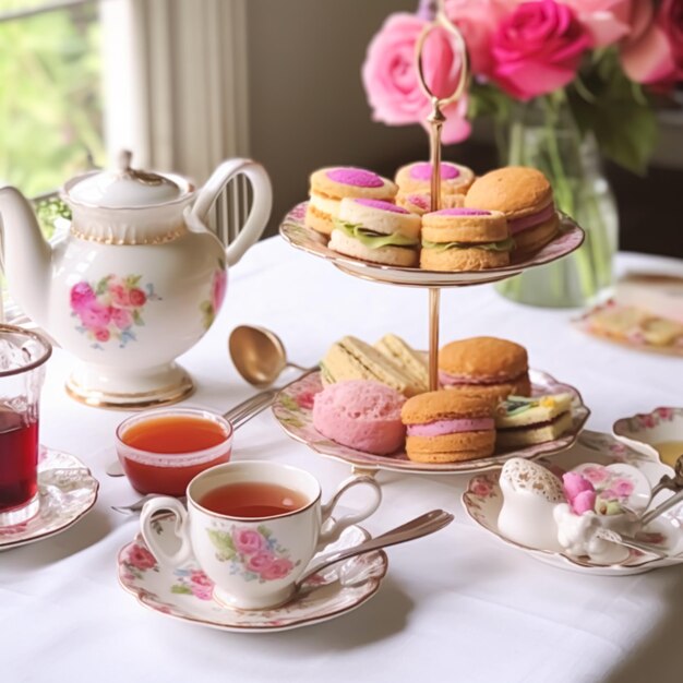 Afternoon tea English tradition and restaurant service tea cups cakes scones sanwiches and desserts holiday table decor and afternoon tea stand with pink flowers postprocessed generative ai