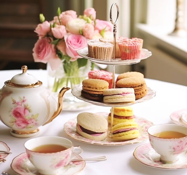 Afternoon tea English tradition and restaurant service tea cups cakes scones sanwiches and desserts holiday table decor and afternoon tea stand with pink flowers postprocessed generative ai