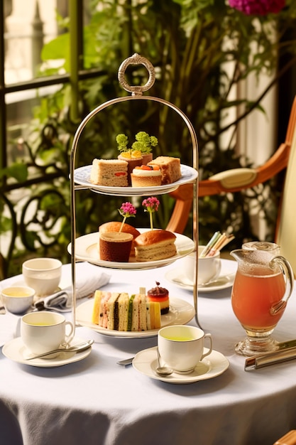 Afternoon tea in the restaurant garden English tradition and luxury service tea cups cakes scones sanwiches and desserts holiday table decor and afternoon tea stand generative ai