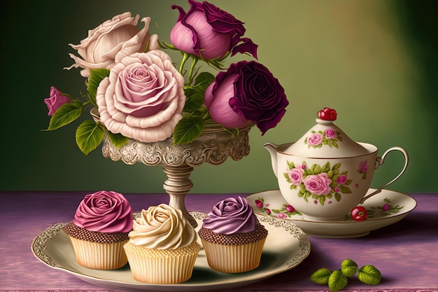 Afternoontea met cupcakes met rozen