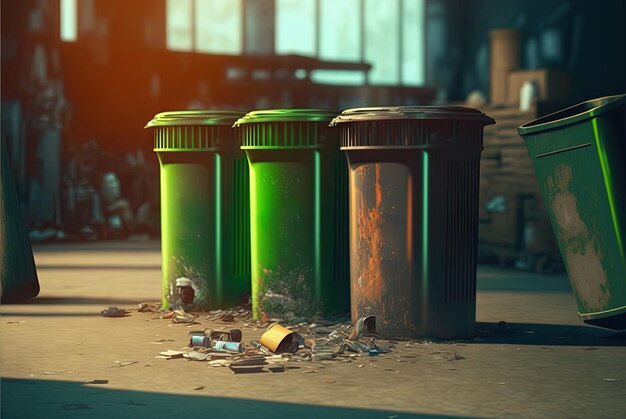 Afval sorteren en ecologische problemen concept Kleurrijke vuilnisbak en consumentisme afvalproducten Gegenereerde AI