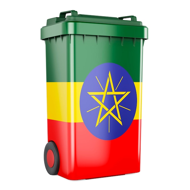 Afvalcontainer met Ethiopische vlag 3D-rendering geïsoleerd op een witte achtergrond