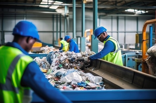 Afvalsorteerinstallatie Veel verschillende transportbanden en bunkers Werknemers sorteren het afval op de transportband Afvalverwerking en recycling Afvalrecyclinginstallatie