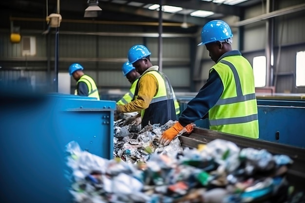 Afvalsorteerinstallatie Veel verschillende transportbanden en bunkers Werknemers sorteren het afval op de transportband Afvalverwerking en recycling Afvalrecyclinginstallatie