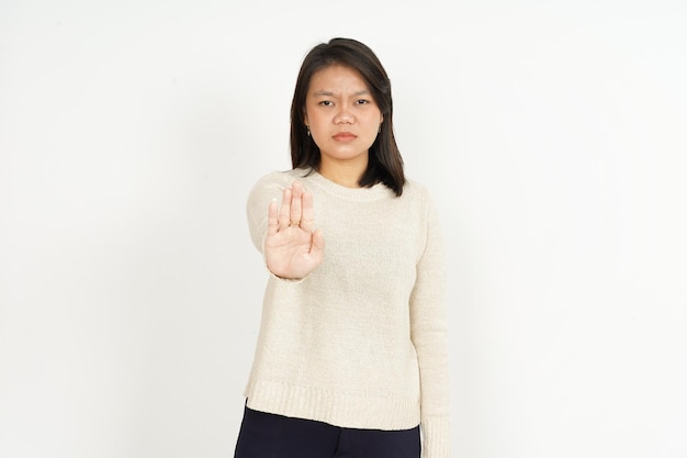 Afwijzing gebaar van mooie Aziatische vrouw geïsoleerd op een witte achtergrond
