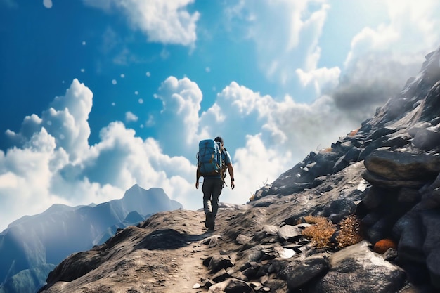 紺碧の空とフワフワした白い雲を背景に、意気揚々とした冒険家が夏の山の岩場や険しい斜面をトレッキングします。