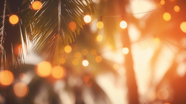 Against a backdrop of bokeh defocused lights a palm tree sways gently