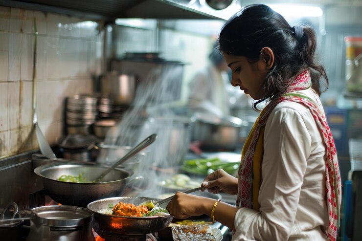 Photo against the backdrop of a bustling kitchen an indian girl experiments with a plethora of flavors her senses tantalized by the diverse aromas and tastes