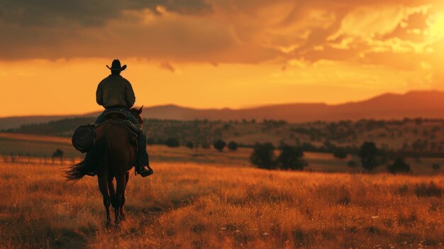 Against the backdrop of a colorful western sunset a lone figure rides away from a ranch with a pack