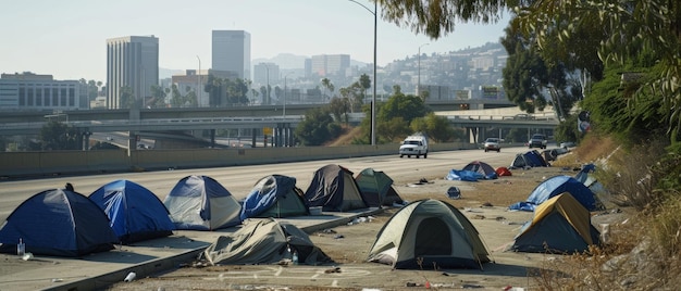 Photo against a backdrop of downtown highrises tents line a freeway exposing the stark contrast between survival and urban prosperity