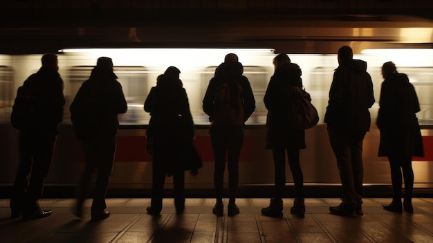 Foto sullo sfondo di un treno in rapido movimento un gruppo di figure a silhouette si trova sulla piattaforma