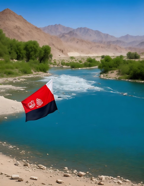 Photo against the backdrop of the middle eastern sky and nature the flag of the unrecognized republic of