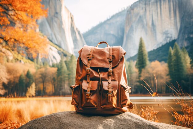Photo against a backdrop of serene mountains a lone traveler backpack exemplifies the allure of nature the essence of tourism and the spirit of exploration