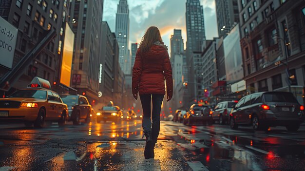 Photo against the backdrop of skyscrapers and traffic a woman walks with confidence along the city str