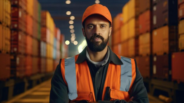 Against the backdrop of towering containers a male worker stands confidently representing the role of labor in the world of global trade and commerce generative AI