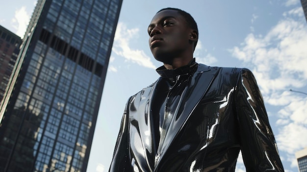 Against a backdrop of towering skysers a confident black man dons a sleek suit with metallic accents