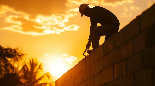 Photo against a backdrop of a warm orange sunset a bricklayer carefully adds the finishing touches to the