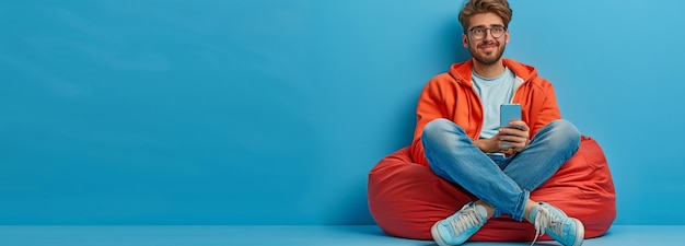 Photo against a blue backdrop a fullsize image of a perceptive and optimistic man wearing jeans and a sweater sits on a bean bag and looks at his smartphone