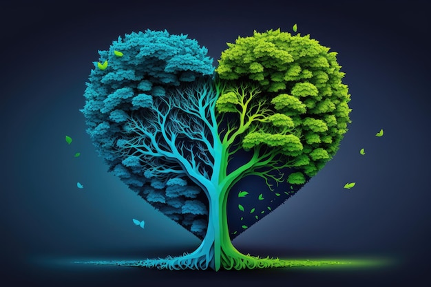 Against a blue background a green tree forms a heart