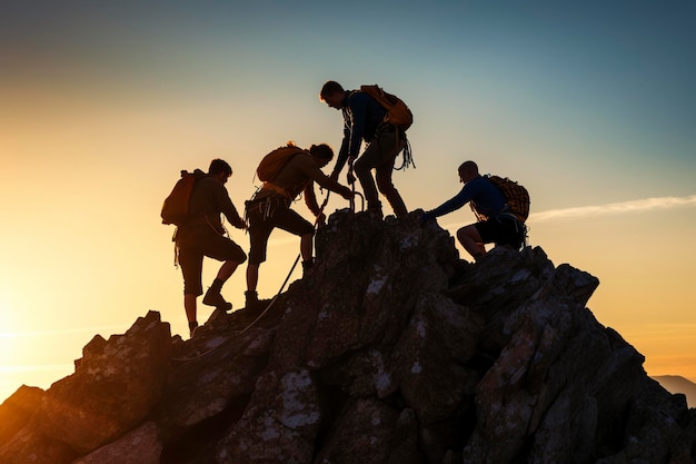 息を呑むような山の背景を背景に、頂上を征服する結束した登山者のシルエットは、Ai が生み出したチームワークの力を体現しています