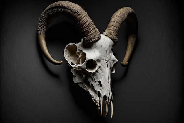 Photo against a dark backdrop a goat skull