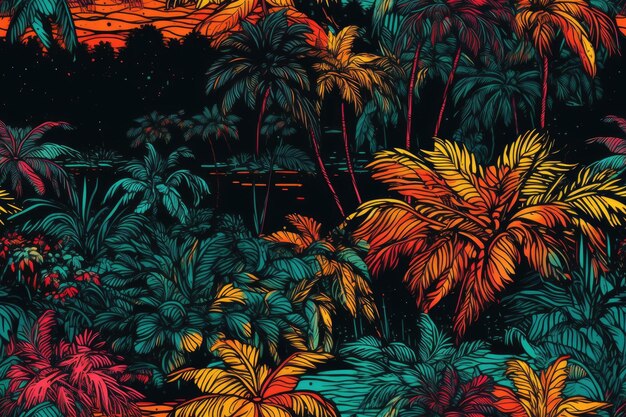 Against a dark backdrop a lovely continuous island pattern is seen 2D handdrawn landscape with vibrant neoncolored palm trees a beach and an ocean Generative AI