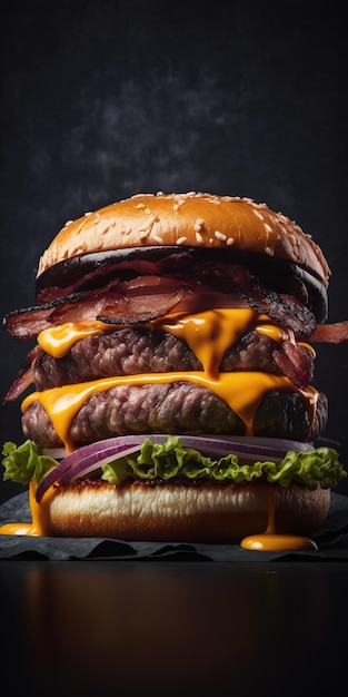 Against a dark background a vertical closeup of a scrumptious burger with bacon