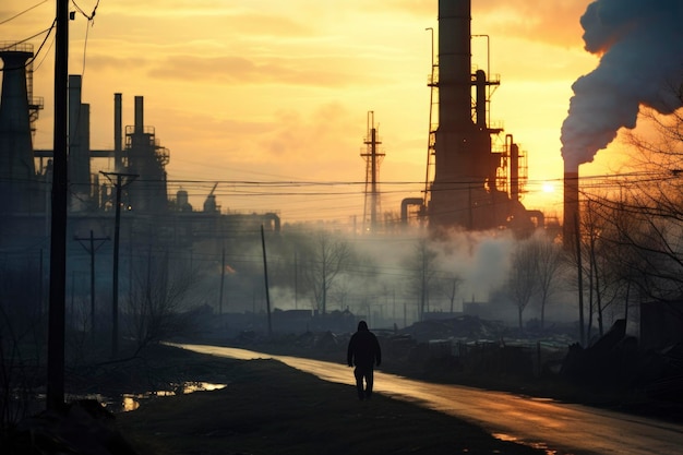 Against a fiery sunset sky the factory chimneys exude smoke etching a stark industrial landscape This juxtaposition highlights the twilight of day and industry alike