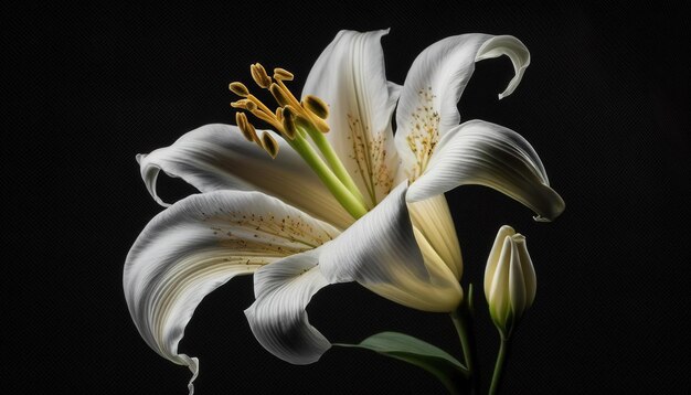 Photo against a jetblack backdrop a graceful cream or white lily lanceshaped lily stands out