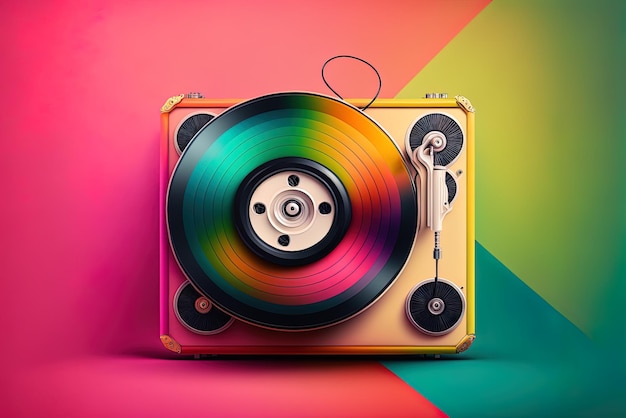 Against a multicolored background is a brightly colored vinyl record player from the past