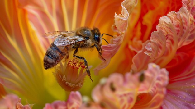 Photo against a tapestry of colors a honey bee navigates the intricate folds of a flower its mission clear to gather nature39s sweetest treasures