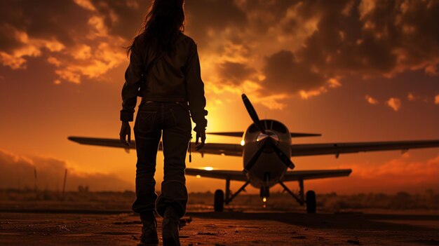 写真 天空の背景に女性のシルエットが飛行機の役割で高く立っています