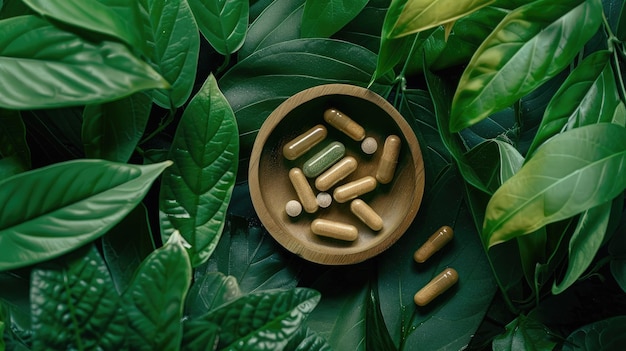 Against a verdant canvas of green leaves organic herb supplement capsules offer a