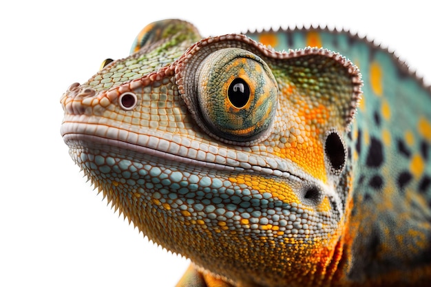 Against a white background a panther chameleon and Furcifer pardalis stare towards the camera