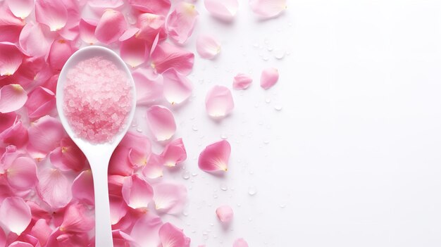 Against a white background rose pink bath salt features the top view of rose petals space Generative AI