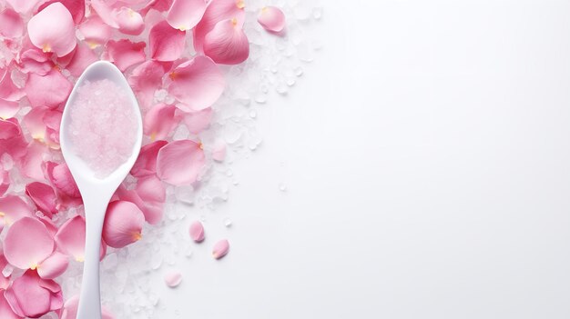 На белом фоне розовая розовая соляная ванна показывает верхний вид пространства лепестков розы Generative AI