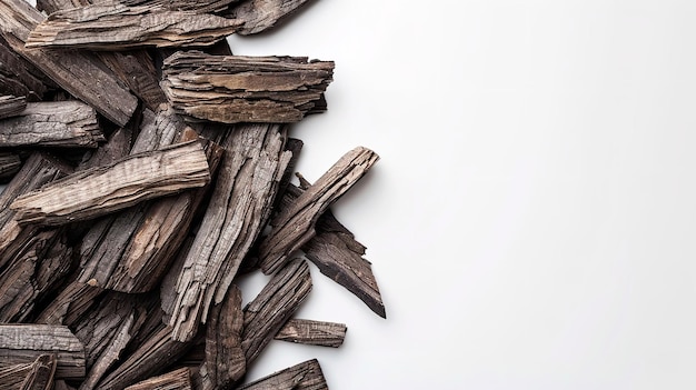 Agarwood Chips Oud incense sticks on white backdrop with a big space for text or product Generative AI