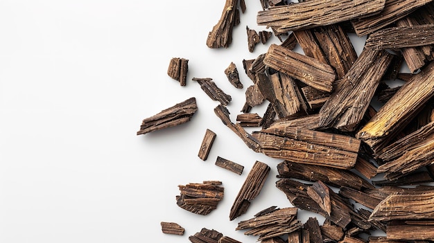 Agarwood Chips Oud incense sticks on white backdrop with a big space for text or product Generative AI