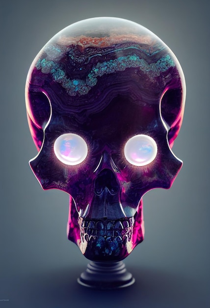 Agate stone demon skull with opal eyes on pedestal Digital illustration