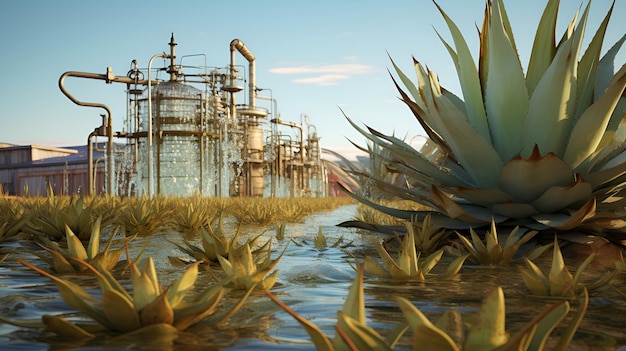 Agave plant over the factory background Exotic Agave Plant Mexican succulent plant rich in vitamins and minerals used for production of natural sweetener agave syrup tequila treacle