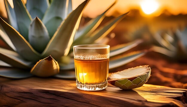 Photo agave plant and glass of pulque at sunset