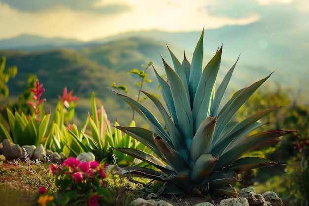 Agave plant with vibrant flowers overlooking a scenic landscape at sunset