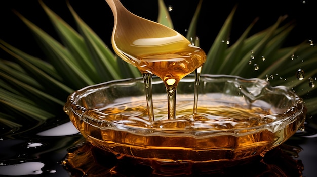 Agave Syrup pouring into a bowl Raw Organic Agave Syrup in a Bowl on a dark background with agave leaves Alternative sugar natural sweetener agave honey Agave syrup on a spoon No sugar concept