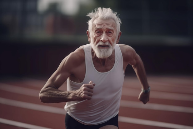 Пожилой спортсмен бегает по трассе Фитнес тренировка скорости Создать Ai