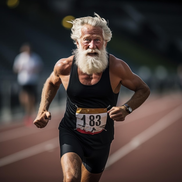 Foto atleta anziano che corre su una pista con determinazione